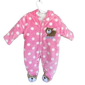 Krafbean Bunting Baby Size 6 months Pink Polka Dot Embroidered Bear Fleece